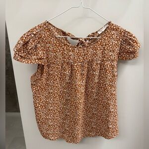 Rust Floral Puff Sleeve Blouse with Tie Back